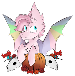 Size: 924x936 | Tagged: safe, artist:hunterthewastelander, oc, oc only, species:bat pony, species:pony, bat pony oc, candy, chest fluff, commission, ear fluff, flower, food, impossibly large ears, male, pumpkin, simple background, skull, solo, spread wings, stallion, transparent background, wings, ych result