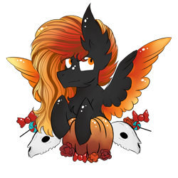 Size: 1000x1000 | Tagged: safe, artist:hunterthewastelander, oc, oc only, oc:fire drift, species:pegasus, species:pony, candy, chest fluff, commission, ear fluff, flower, food, impossibly large ears, male, pegasus oc, pumpkin, simple background, skull, solo, stallion, transparent background, wings, ych result