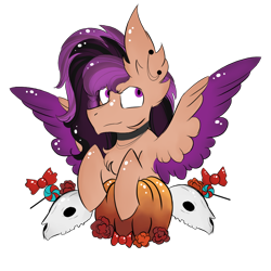 Size: 1000x1000 | Tagged: safe, artist:hunterthewastelander, oc, oc only, oc:ponebox, species:pegasus, species:pony, candy, chest fluff, commission, ear fluff, flower, food, impossibly large ears, pegasus oc, pumpkin, simple background, skull, solo, transparent background, wings, ych result