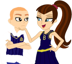 Size: 699x614 | Tagged: safe, artist:kayman13, my little pony:equestria girls, bully, bully (video game), cheerleader outfit, clothing, crest, crossed arms, crossover, equestria girls-ified, female, hand on chin, hand on hip, jimmy hopkins, looking at each other, male, mandy wiles, ponytail, school uniform, simple background, symbol, transparent background, uniform, vest