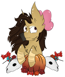 Size: 789x930 | Tagged: safe, artist:hunterthewastelander, oc, oc only, oc:warcry, species:pony, species:unicorn, candy, chest fluff, commission, ear fluff, female, flower, food, horn, impossibly large ears, mare, pumpkin, simple background, skull, solo, transparent background, unicorn oc, ych result