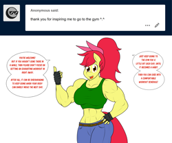 Size: 2048x1701 | Tagged: safe, artist:matchstickman, character:apple bloom, species:anthro, species:earth pony, species:pony, abs, apple bloom's bow, apple brawn, biceps, bow, breasts, busty apple bloom, clothing, comic, deltoids, dialogue, female, fingerless gloves, gloves, hair bow, hand on hip, jeans, looking at you, mare, matchstickman's apple brawn series, midriff, muscles, older, older apple bloom, pants, pecs, simple background, solo, speech bubble, sports bra, talking to viewer, tumblr comic, tumblr:where the apple blossoms, white background