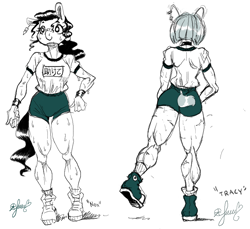 Size: 2472x2265 | Tagged: safe, artist:pantheracantus, oc, oc only, oc:ruituri nox, oc:tracy cage, species:anthro, butt, clothing, colored, digital art, female, legs, shirt, simple background, sketch, sports shorts, sweat, uniform, white background
