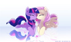 Size: 1994x1200 | Tagged: safe, artist:si1vr, character:fluttershy, character:twilight sparkle, ship:twishy, cute, female, happy, heart, lesbian, nuzzling, reflection, shipping, shyabetes, twiabetes