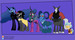 Size: 6000x3240 | Tagged: safe, artist:eagc7, character:cozy glow, character:grogar, character:king sombra, character:lord tirek, character:nightmare moon, character:princess luna, character:queen chrysalis, species:alicorn, species:centaur, species:changeling, species:pegasus, species:pony, species:ram, species:sheep, species:umbrum, bane, cape, changeling queen, clothing, commission, costume, darkseid, dc comics, eclipso, female, gloves, grogar (g1), jacket, ko-fi, legion of doom, male, mare, mask, parallax, patreon, red eyes, ring, simple background, sleeveless, stallion, star sapphire, tank top, terra