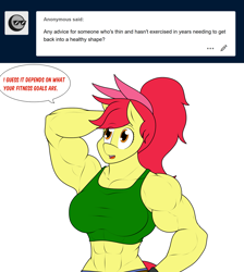 Size: 1809x2019 | Tagged: safe, artist:matchstickman, character:apple bloom, species:anthro, species:earth pony, species:pony, abs, apple bloom's bow, apple brawn, arm behind head, armpits, biceps, bow, breasts, busty apple bloom, clothing, comic, deltoids, dialogue, female, hair bow, mare, matchstickman's apple brawn series, midriff, muscles, older, older apple bloom, pecs, simple background, solo, speech bubble, sports bra, talking to viewer, tumblr comic, tumblr:where the apple blossoms, white background