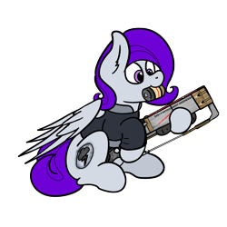 Size: 3000x3000 | Tagged: safe, artist:aaathebap, oc, oc:morning glory (project horizons), species:pegasus, species:pony, fallout equestria, fallout equestria: project horizons, brand, cute, dashite, dashite brand, fallout, fanfic, fanfic art, female, hoof hold, hooves, laser, laser rifle, mare, mouth hold, png, simple background, sitting, solo, transparent background, wings