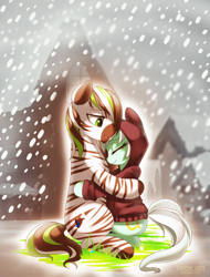 Size: 974x1280 | Tagged: safe, artist:si1vr, character:lyra heartstrings, oc, oc:jack hyperfreak, species:zebra, canon x oc, clothing, hoodie, shipping, snow, winter