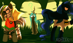 Size: 2000x1200 | Tagged: safe, artist:si1vr, character:princess luna, character:queen chrysalis, oc, species:zebra, batman, clothing, confused, cosplay, costume, robin
