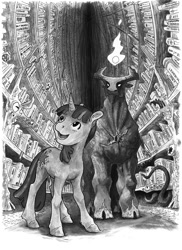 Size: 726x1000 | Tagged: safe, artist:adeptus-monitus, character:twilight sparkle, character:twilight sparkle (unicorn), species:pony, species:unicorn, fanfic:best hell ever, book, commission, demon, duo, fanfic art, hell, illustration, library, monochrome, tentacles, traditional art