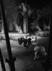 Size: 727x1000 | Tagged: safe, artist:adeptus-monitus, character:derpy hooves, oc, species:changeling, species:pegasus, species:pony, fanfic:derplicity, changeling oc, commission, digital art, disguise, disguised changeling, duo, fanfic art, grayscale, illustration, monochrome, statue