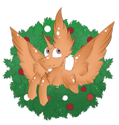 Size: 791x830 | Tagged: safe, artist:hunterthewastelander, oc, oc only, species:alicorn, species:pony, alicorn oc, bust, christmas wreath, commission, ear fluff, simple background, spread wings, transparent background, wings, wreath, your character here
