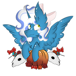 Size: 1000x1000 | Tagged: safe, artist:hunterthewastelander, oc, oc only, oc:fleurbelle, species:alicorn, species:pony, alicorn oc, candy, chest fluff, commission, ear fluff, female, flower, food, impossibly large ears, mare, pumpkin, simple background, skull, solo, spread wings, transparent background, wings, ych result