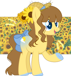 Size: 2304x2447 | Tagged: safe, artist:rerorir, oc, oc:sunny flower, species:earth pony, species:pony, bow, clothing, female, flower, hat, high res, mare, solo, sunflower, tail bow