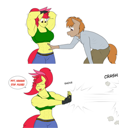 Size: 1280x1380 | Tagged: safe, artist:matchstickman, character:apple bloom, oc, unnamed oc, species:anthro, species:earth pony, species:pony, abs, anthro oc, apple bloom's bow, apple brawn, arm behind head, armpits, biceps, bow, breasts, busty apple bloom, clothing, comic, crash, deltoids, dialogue, duo, eyes closed, female, fingerless gloves, gloves, hair bow, jeans, laughing, male, mare, matchstickman's apple brawn series, muscles, older, older apple bloom, onomatopoeia, pants, pushing, shirt, simple background, speech bubble, sports bra, stallion, tickling, tumblr comic, tumblr:where the apple blossoms, white background