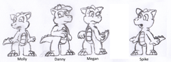 Size: 1880x684 | Tagged: safe, artist:tarkan809, character:danny williams, character:megan williams, character:molly williams, character:spike (g1), species:dragon, g1, clothing, dragonified, drawing, female, hat, male, monochrome, paint.net, species swap, text