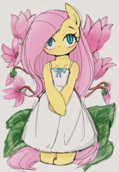 Size: 708x1024 | Tagged: safe, artist:manachaaaaaaaa, character:fluttershy, species:pegasus, species:pony, blushing, clothing, cute, dress, female, flower, head tilt, looking at you, mare, partial background, semi-anthro, shyabetes, smiling, solo, white dress