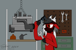 Size: 2560x1687 | Tagged: safe, artist:derpanater, oc, oc only, species:earth pony, species:pony, annoyed, engine, glasses, soot, tools