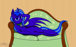 Size: 2409x1489 | Tagged: safe, artist:derpanater, oc, oc only, species:alicorn, species:pony, couch, draw me like one of your french girls, jewelry, looking at you, lounging, necklace
