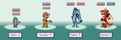 Size: 4800x1600 | Tagged: safe, artist:tarkan809, character:garble, character:princess ember, character:smolder, character:spike, species:dragon, crossover, gameboy advance, pixel art, pokemon firered, pokémon