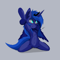Size: 1808x1792 | Tagged: safe, artist:groomlake, character:princess luna, species:alicorn, species:pony, armpits, colored, crown, female, horn, jewelry, mare, regalia, simple background, smiling, solo, spots, stretching, wings