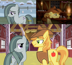 Size: 2064x1868 | Tagged: safe, artist:icaron, edit, character:braeburn, character:marble pie, species:earth pony, species:pony, ship:braeble, barn, brokeback mountain, dancing, female, heartbreak, hope, indoors, introduction, lonely, looking at each other, lyrics in the description, male, mary mcbride, meeting, movie reference, no one's gonna love you like me, outdoors, romance, sad, shipping, show accurate, smiling, song reference, straight, this will end in love, together, youtube link