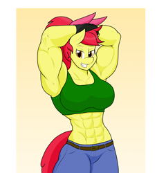 Size: 1440x1588 | Tagged: safe, artist:matchstickman, character:apple bloom, species:anthro, species:earth pony, species:pony, abs, apple brawn, armpits, biceps, breasts, busty apple bloom, clothing, female, fingerless gloves, gloves, looking at you, matchstickman's apple brawn series, muscles, older, older apple bloom, pants, simple background, solo, sports bra, triceps