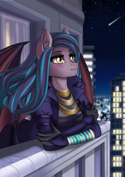Size: 2480x3508 | Tagged: safe, alternate version, artist:lifejoyart, oc, oc only, oc:dawn sentry, species:anthro, species:bat pony, species:pony, anthro oc, bat pony oc, bat wings, blushing, city, clothing, commission, cyberpunk, digital art, dress, dyed hair, ear fluff, female, looking up, mare, night, night sky, shooting star, sky, smiling, solo, stars, trenchcoat, wings
