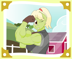 Size: 3702x3028 | Tagged: safe, artist:matchstickman, character:granny smith, species:anthro, species:earth pony, species:pony, biceps, breasts, clothing, female, flexing, granny smash, grin, looking at you, muscles, muscular female, one eye closed, photo, shirt, smiling, solo, sweet apple acres, wink, young granny smith, younger