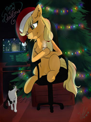 Size: 1010x1346 | Tagged: safe, artist:yuris, character:applejack, species:pony, cat, cheek fluff, chest fluff, christmas, christmas tree, ear fluff, female, holiday, leg fluff, mare, sitting, solo, tree