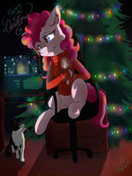 Size: 1010x1346 | Tagged: safe, artist:yuris, character:pinkie pie, species:pony, cat, cheek fluff, chest fluff, christmas, christmas sweater, christmas tree, clothing, ear fluff, female, holiday, sitting, solo, sweater, tree