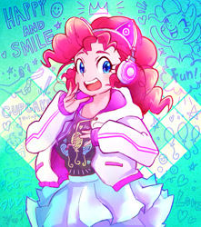 Size: 1000x1132 | Tagged: safe, artist:hobilo, character:pinkie pie, species:human, my little pony:equestria girls, cat ears, clothing, cute, diapinkes, female, headphones, jacket, looking at you, miniskirt, moe, open mouth, skirt, solo