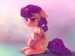 Size: 2000x1500 | Tagged: safe, artist:verulence, character:sugar belle, species:pony, species:unicorn, abstract background, depressed, female, floppy ears, mare, sad, sitting, solo