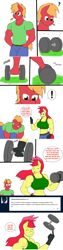 Size: 1280x5044 | Tagged: safe, artist:matchstickman, character:apple bloom, character:big mcintosh, species:anthro, species:earth pony, species:pony, abs, apple brawn, biceps, breasts, brother and sister, busty apple bloom, clothing, comic, deltoids, dialogue, dumbbell (object), duo, exclamation point, eyes closed, female, gloves, grabbing, grass, great macintosh, jeans, looking at you, male, mare, matchstickman's apple brawn series, muscles, older, older apple bloom, pants, pecs, question mark, shirt, siblings, simple background, sports bra, stallion, straw in mouth, talking to viewer, tumblr comic, tumblr:where the apple blossoms, white background