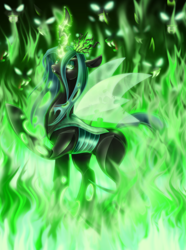 Size: 2196x2952 | Tagged: safe, artist:jadedjynx, character:queen chrysalis, species:changeling, changeling queen, female, fire, solo focus