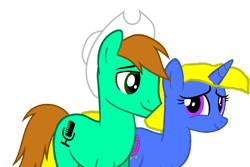Size: 1266x846 | Tagged: safe, artist:kayman13, oc, oc only, oc:callion disney, oc:kellen, species:pony, species:unicorn, clothing, female, hat, looking at each other, male, simple background, smiling, transparent background
