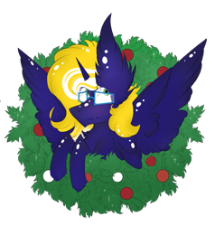 Size: 791x830 | Tagged: safe, artist:hunterthewastelander, commissioner:kaifloof, oc, oc:time vortex (kaifloof), species:alicorn, species:pony, alicorn oc, christmas, christmas wreath, glasses, holiday, simple background, spread wings, transparent background, wings, wreath, ych result
