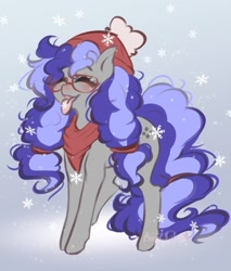 Size: 580x680 | Tagged: source needed, safe, artist:bunnywhiskerz, oc, oc only, oc:cinnabyte, species:earth pony, species:pony, adorkable, bandana, beanie, blushing, clothing, cute, dork, earth pony oc, eyes closed, female, happy, hat, mare, snow, snowfall, snowflake, solo, tongue out