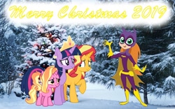 Size: 1024x640 | Tagged: safe, artist:cartoonmasterv3, character:luster dawn, character:sunset shimmer, character:twilight sparkle, character:twilight sparkle (alicorn), species:alicorn, species:pony, species:unicorn, batgirl, christmas, crossover, dc superhero girls, forest, holiday, snow, tree