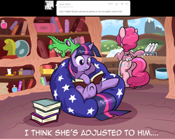 Size: 1280x1014 | Tagged: safe, artist:pippy, character:gummy, character:pinkie pie, character:twilight sparkle, species:pony, apron, balloonbutt, bipedal, book, clothing, couch, dish, golden oaks library, pinkiepieskitchen, underhoof
