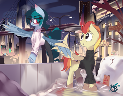 Size: 4010x3128 | Tagged: safe, artist:nevobaster, oc, oc only, oc:delta vee, oc:jet stream, species:pony, balancing, blushing, bridge, city, clothing, eye clipping through hair, female, freckles, glasses, high res, holding wings, looking at each other, male, mare, mud, night, puddle, scenery, shirt, sign, snow, stallion, sweater, trousers, tsundere, turtleneck, wholesome, wing hands, wings