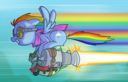 Size: 1000x643 | Tagged: safe, artist:professor-ponyarity, character:rainbow dash, character:tank, action pose, carrying, flying, goggles, jet engine, riding, rocket