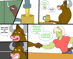 Size: 3071x2472 | Tagged: safe, artist:matchstickman, character:granny smith, oc, unnamed oc, species:anthro, species:earth pony, species:minotaur, species:pony, comic:free cider, biceps, breasts, busty granny smith, chalkboard, cider, clothing, comic, dialogue, duo, female, gloves, granny smash, gripping, male, mare, mug, muscles, shirt, simple background, white background, young granny smith, younger