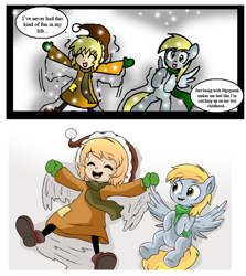 Size: 2346x2634 | Tagged: safe, artist:neoncabaret, character:derpy hooves, oc, oc:mel, species:human, comic:derpy's wish, clothing, comic, comparison, draw this again, eyes closed, grimdark series, grotesque series, open mouth, redraw, remake, scarf