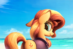 Size: 1200x800 | Tagged: safe, artist:lollipony, character:sunset shimmer, species:pony, species:unicorn, beach, bottomless, butt, clothing, cloud, cute, ear down, female, mare, ocean, outdoors, partial nudity, plot, redraw, shimmerbetes, sky, solo