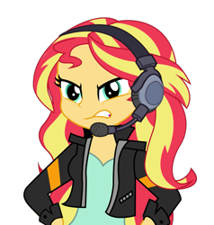 Size: 1543x1619 | Tagged: safe, artist:lifes-remedy, character:sunset shimmer, episode:game stream, g4, my little pony: equestria girls, my little pony:equestria girls, spoiler:eqg series (season 2), angry, clothing, female, headset, jacket, moments before ragequit, simple background, solo, transparent background, vector
