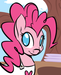 Size: 259x318 | Tagged: safe, artist:pippy, character:pinkie pie, species:earth pony, species:pony, apron, clothing, female, looking at you, mare, no pupils, pinkiepieskitchen, smiling, solo, tree