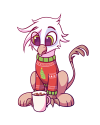 Size: 2000x2500 | Tagged: safe, artist:lollipony, oc, oc only, oc:blake, species:griffon, 2020 community collab, derpibooru community collaboration, chocolate, christmas sweater, clothing, commission, cute, eye clipping through hair, food, griffon oc, hot chocolate, male, mug, simple background, sitting, solo, sweater, transparent background