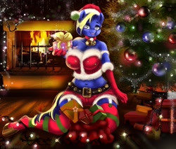 Size: 1280x1092 | Tagged: safe, artist:mdwines, species:anthro, species:earth pony, species:pony, animated, chimney, christmas, christmas lights, christmas tree, clothing, collar, commission, costume, fire, fireplace, gif, gift box, gift wrapped, hat, holiday, new year, party, present, santa costume, santa hat, stockings, thigh highs, tree, ych result
