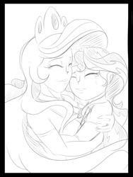 Size: 900x1200 | Tagged: safe, artist:albertbm, character:princess celestia, character:sunset shimmer, species:human, my little pony:equestria girls, crying, eyes closed, hug, humanized, momlestia, monochrome, tears of joy, teary eyes, the prodigal sunset
